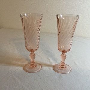 VINTAGE PINK DEPRESSION FLUTED CHAMPAGNE GLASSES